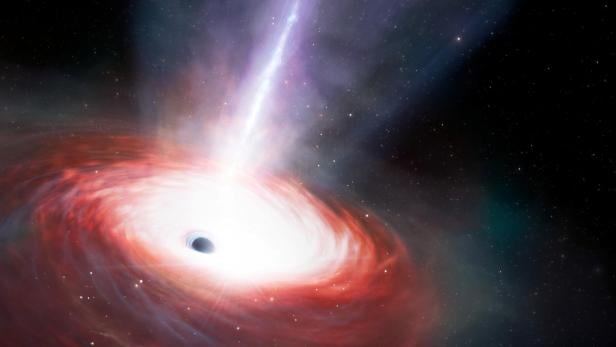 An artist's illustration shows a rapidly feeding black hole that is emitting powerful gas outflows