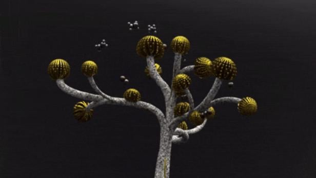 Perowskitkristallen Rendering eines künstlichen Baums mit Nanoblumen aus Kupfer, die mit Perowskitkristallen verbunden sind.