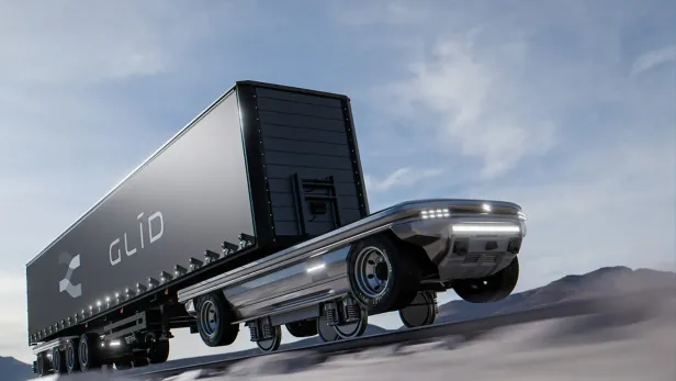 Fahrerloser LKW Der LKW von Glid Technologies kann von der Straße auf die Schiene wechseln.