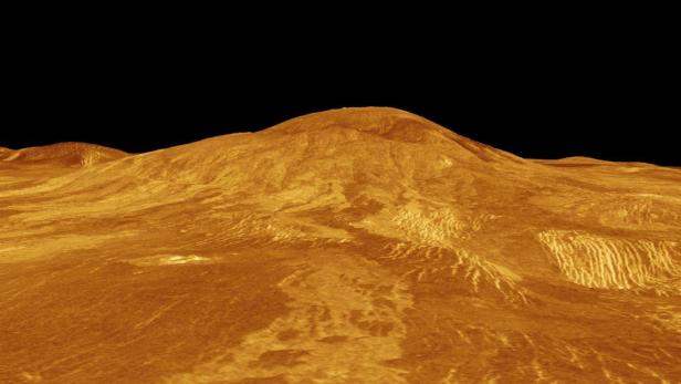 Ein 3D-Modell der Venus mit den Lavaströmen am Fuße des Sif Mons. Ein 3D-Modell der Venus mit den Lavaströmen am Fuße des Sif Mons.