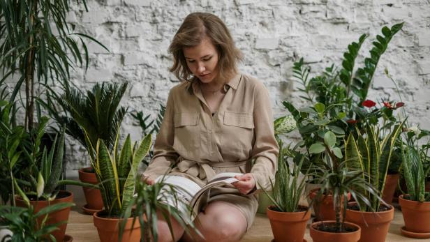 Eine Frau sitzt am Boden zwischen ihren Hauspflanzen und liest ein Buch.