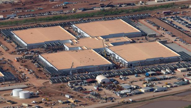 Bauarbeiten am Stargate-Projekt in Texas, wo die KI-Chips eingesetzt werden sollen. An aerial view shows construction underway on a Project Stargate AI infrastructure site