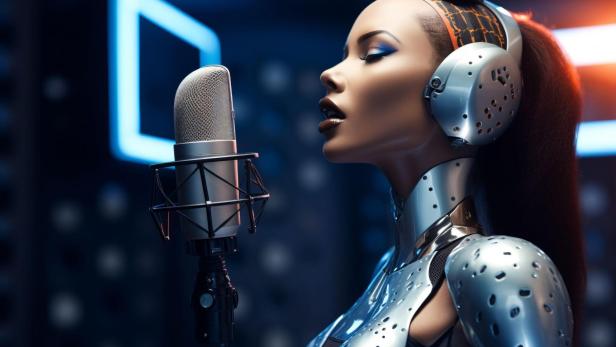 Eine Frau in futuristischer Kleidung singt leidenschaftlich in ein Mikrofon