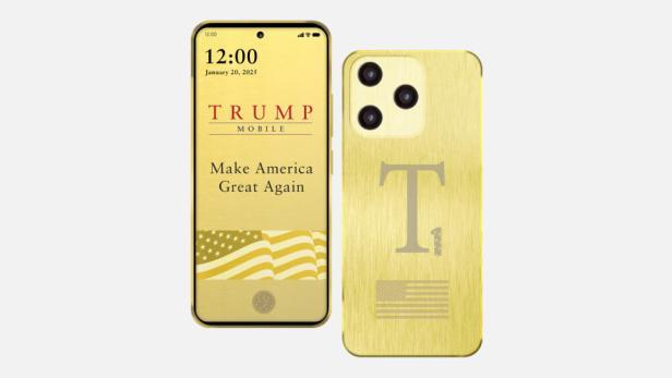 Ein goldenes „Trump Mobile“-Smartphone mit der Aufschrift „Make America Great Again“.