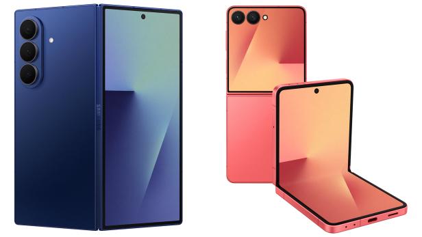 Das Samsung Galaxy Fold7 und Flip7 in Blau und Rosa.