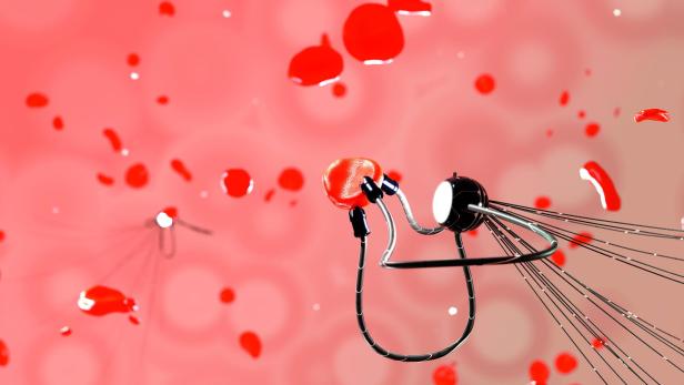 So wie medizinische Nano-Roboter in der Popkultur dargestellt werden, sehen sie in der Realität nicht aus (Symbolbild). Nanotechnology, Robot healing in blood cells. 3d render.