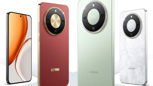 Das Bild zeigt vier Honor Smartphones in verschiedenen Farben und Designs.
