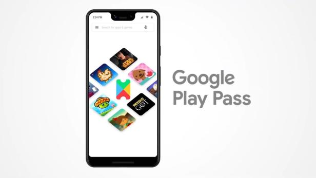 Smartphone mit Logos von Google Play Pass Spielen.