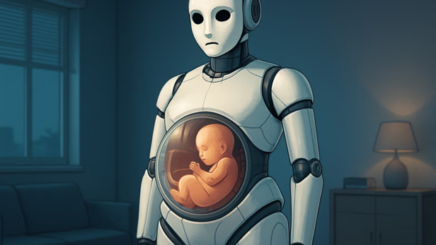 Chosun Biz veröffentlichte eine KI-generierte Illustration des Roboter-Mutterleibes. Man sieht einen Roboter mit durchsichtigem Bauch in dem ein menschliches Baby steckt.