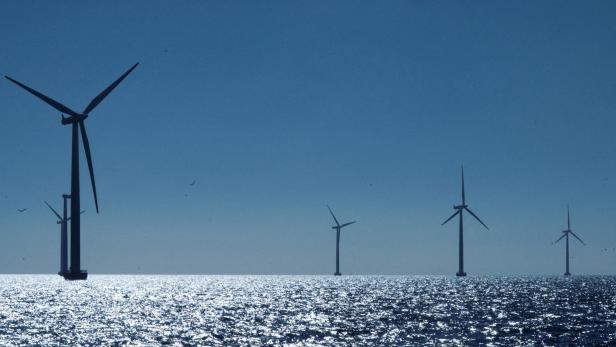 Windräder auf offener See, die Sonne spiegelt sich auf der Wasseroberfläche.