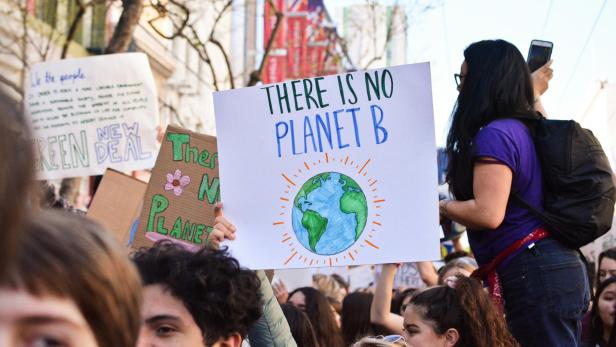 Menschen mit Plakaten bei einer Demo gegen den Klimawandel.