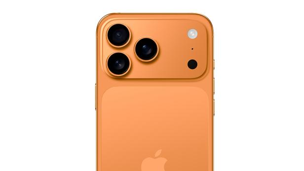 Ein orangefarbenes iPhone Pro 17 mit drei Kameralinsen.