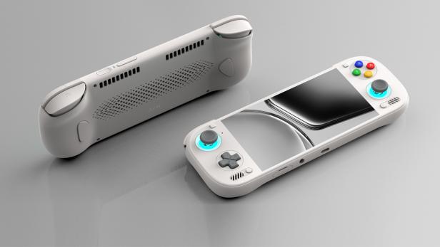 Zwei weiße Ayn Odin 3 Handheld-Spielkonsolen liegen auf einem grauen Hintergrund.