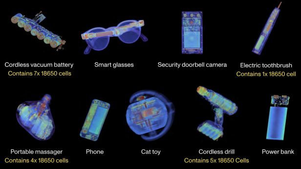 Eine Übersicht von Elektronikgegenständen im CT-Scan, die 18650 Batteriezellen enthalten 