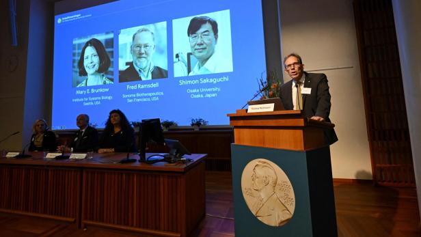 Thomas Perlmann spricht vor einem Bildschirm, der Mary E. Brunkow, Fred Ramsdell und Shimon Sakaguchi zeigt.