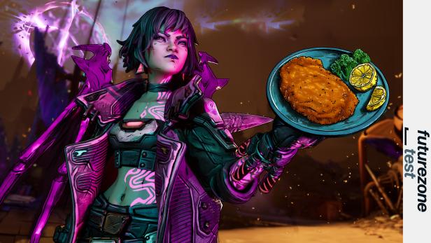 Vault Hunter Vex hält ein Wiener Schnitzel in der linken Hand