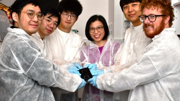 Die Forscher mit ihrer großen Solarzelle.