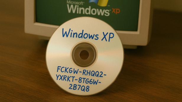Windows-XP-CD mit dem legendären Produktschlüssel vor einem alten Monitor mit XP-Logo.