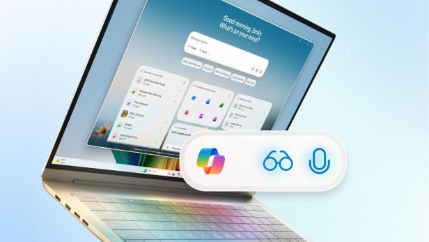 Laptop mit geöffneter Copilot-Oberfläche und Symbolleiste für KI-Funktionen auf dem Bildschirm.