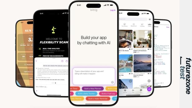 Mehrere Smartphones zeigen verschiedene von Bitrig erstellte App-Oberflächen und Funktionen.