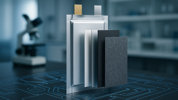 Lithium-Schwefel-Batterie mit Schichtenaufbau im Labor auf einem Tisch mit Mikroskop im Hintergrund.