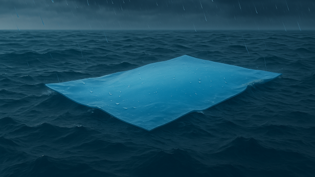 Blaues schwimmendes Paneel auf regnerischer Wasseroberfläche bei dunklem Himmel.