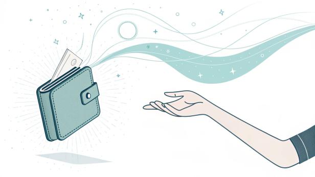 Hellblaue, minimalistische Illustration einer geöffneten Brieftasche, aus der Sterne, Kreise und Linien in Richtung einer ausgestreckten Hand strömen.