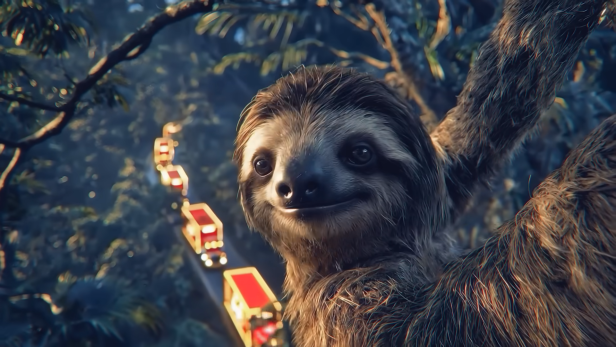 Ein Faultier schaut in die Kamera, während im Hintergrund Coca-Cola-Trucks durch den Regenwald fahren.