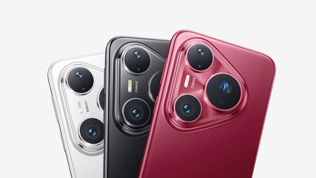 Die Pura 80 Serie von Huawei; ein weißes, ein schwarzes und ein weinrotes Smartphone