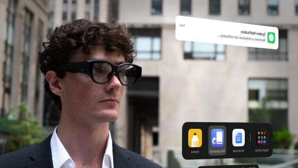 ein Mann mit der Inmo-Brille, daneben illustrierte App-Icons