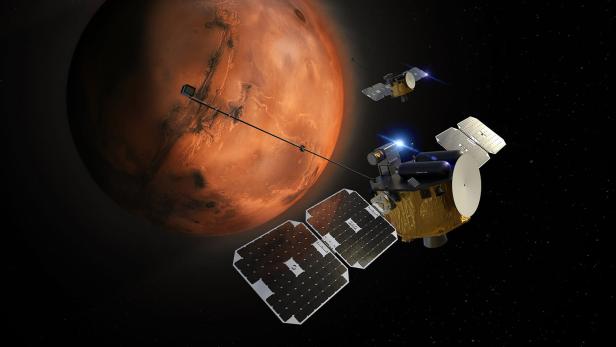 Die beiden NASA-Satelliten Escapade Blue und Gold umkreisen den Mars, um gemeinsam Daten zur Atmosphäre und zum Weltraumwetter zu sammeln.