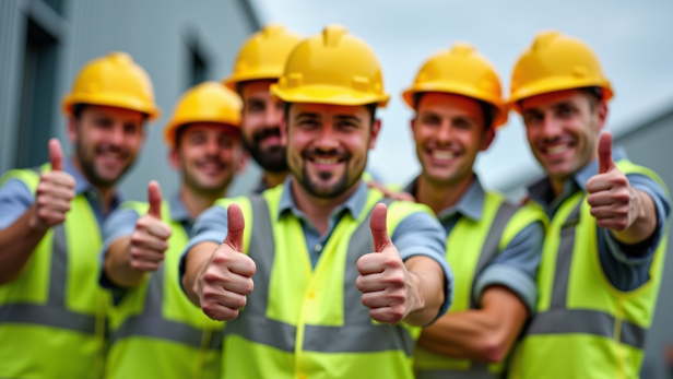 Eine Gruppe an Bauarbeitern in Arbeitskleidung und mit Arbeitshelmen auf dem Kopf lacht in die Kamera und zeigt ihre Daumen nach oben.