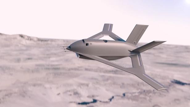 Prototyp eines futuristischen Flugzeugs fliegt über der WÜste