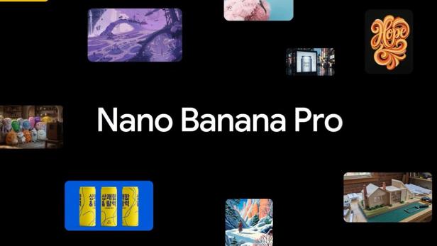 Schriftzug „Nano Banana Pro“ umgeben von verschiedenen bunten Illustrationen und Fotos.