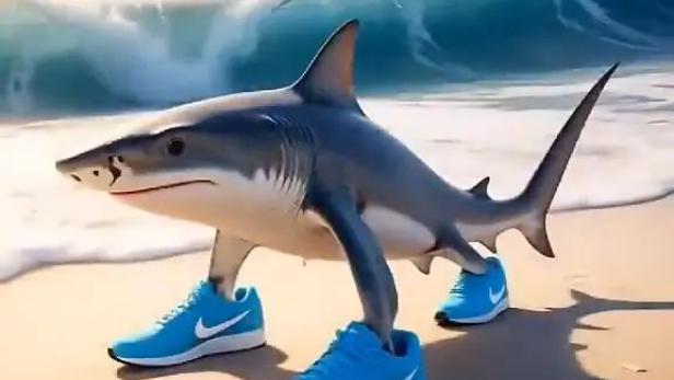 Ein Hai mit Beinen trägt blaue Turnschuhe und steht am Strand vor einer Welle.