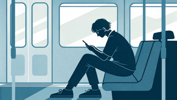 Ein Mann ist in einer U-Bahn an seinem Handy und streamt.