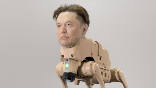 Roboter-Hund mit Wachs-Kopf von Elon Musk