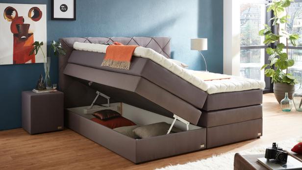 Hellgraues Polsterbett mit hochgeklapptem Lattenrost und Stauraum darunter, orangefarbene Decke, blaue Wand mit zwei Bildern, großer Fensterbereich mit Pflanzen.