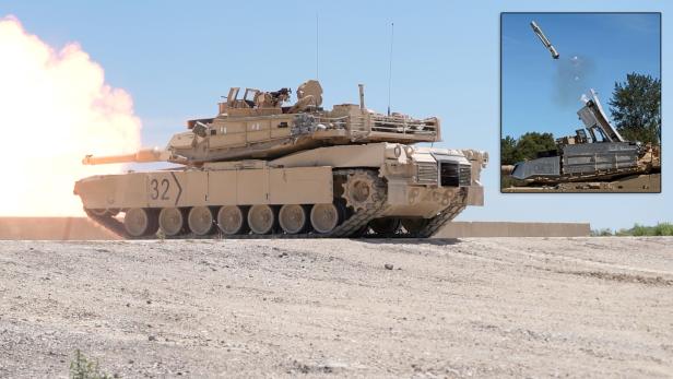 Ein M1A2 Abrams (links). Rechts oben wird mit PERCH eine Switchblade-Drohne gestartet.
