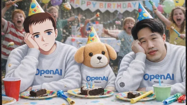 Ein Bild, das mit GPT Image 1.5 erstellt wurde. Zu sehen sind zwei Männer und ein Hund die gelangweilt in einem OpenAI-Pullover an einem Geburtstagstisch sitzen 