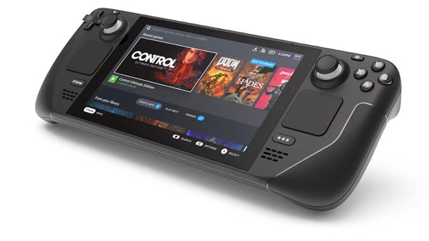Steam Deck mit LC-Display vor weißem Hintergrund