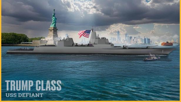Kriegsschiff der Trump-Klasse mit US-Flagge vor der Freiheitsstatue in New York.