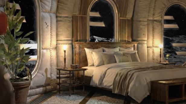 Luxuriös eingerichtetes Schlafzimmer mit Blick auf die Mondoberfläche durch große Fenster.