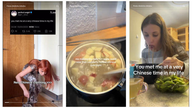 Drei Screenshots von TikTok, die den "Chinese werden"-Trend aufgreifen.