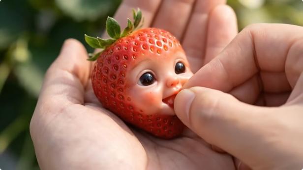 Eine künstlich generierte Erdbeere mit einem menschlichen Gesicht wird von einer Hand gehalten und gefüttert, als Beispiel für KI-basierte Inhalte.