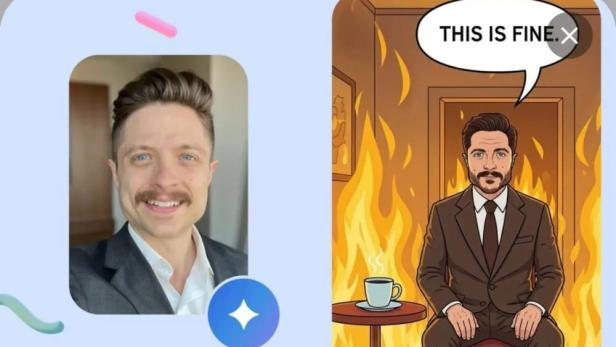 Ein Porträt eines Mannes auf der linken Seite. Rechts ein Meme, das auf Basis des Fotos von einer KI gemacht wurde