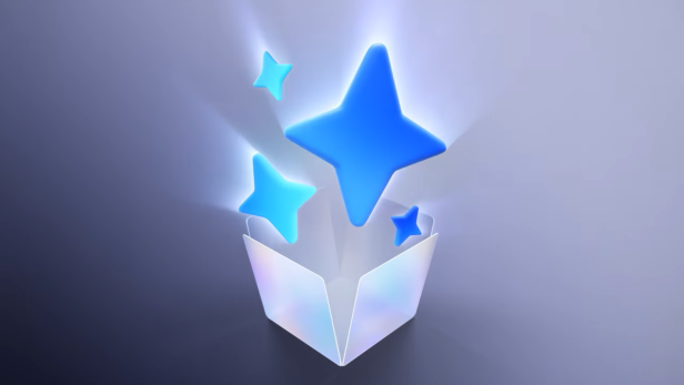 Drei leuchtende blaue Sterne steigen aus einer schimmernden, offenen Box empor.