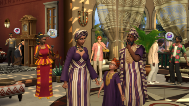 Mehrere Sims in farbenfroher, traditioneller Kleidung stehen in einem festlich dekorierten Raum und interagieren miteinander.