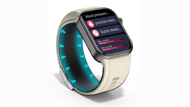 Smartwatch mit Display für Blutdruckmessung und integriertem Luftpolster im Armband.