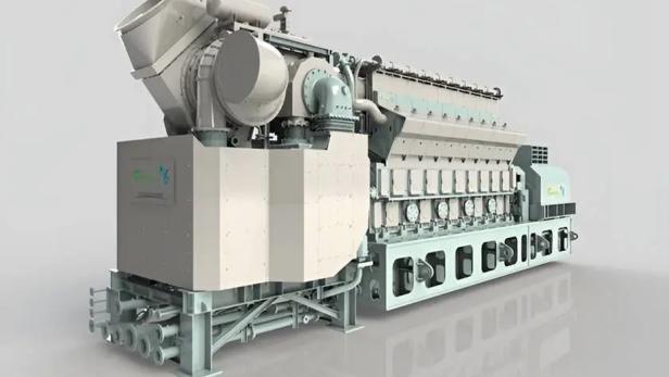 Große industrielle Gasturbine mit Wasserstofftechnologie in heller Umgebung.